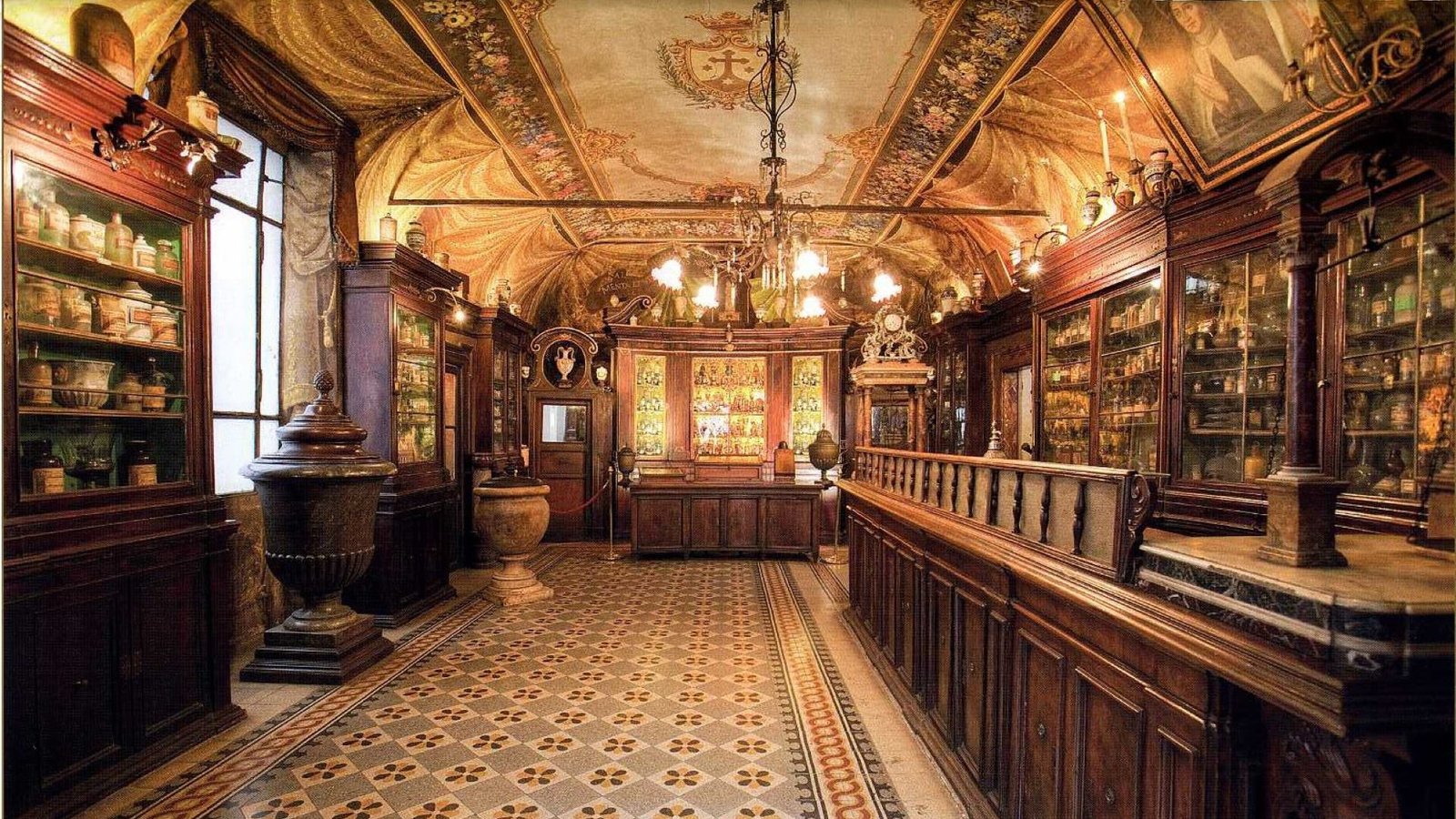 The sales room of the ancient pharmacy of Santa Maria Della Scala which is the oldest pharmacy in Rome